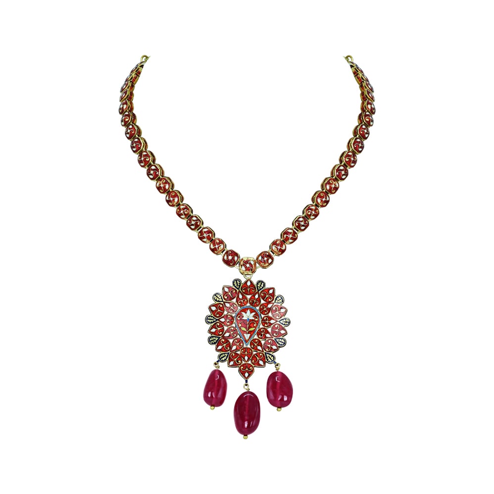 Polki Diamond Necklace with Floral Pendant and Tourmaline Drops